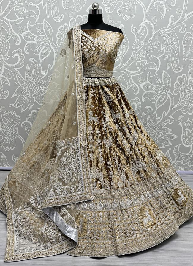 Velvet Gold Bridal Wear Embroidery Work Lehenga Choli